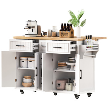 56.5\\'\\' Kitchen Island with Drop Leaf, Power Outlet, Embossed Vertical Stripe Rolling Kitchen Cart on Wheels with 4 Doors , 5 Deep Drawers and Adjustable Shelves, for Kitchen, Dining Room, White