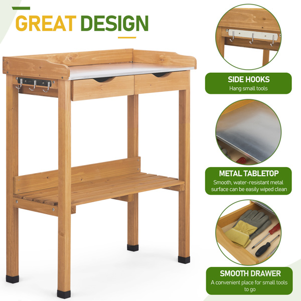 76*37*92.5CM 橘黄色 杉木 2层置物架带2个抽屉 3个侧挂钩 园艺操作台-18