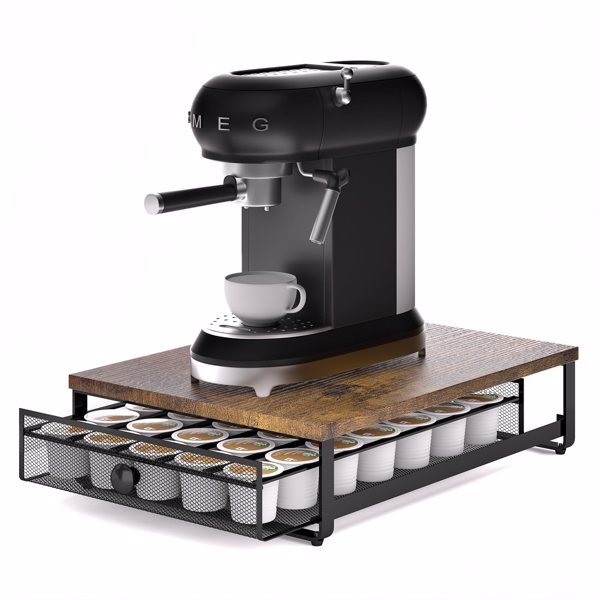 K Cup Organizer, Coffee Pod Holder Rack, Under Cabinet Pod Holder with Sliding Drawer holds up to 35 K-Cup Pods, No Assembly Needed, Rustic Brown