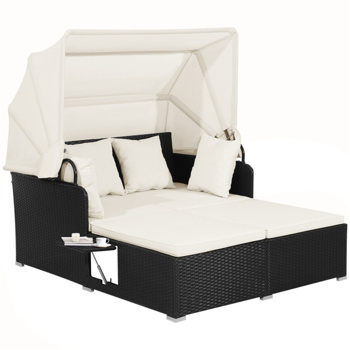White <b style=\\'color:red\\'>Rattan</b> Daybed Lounge W/ Retractable Top Canopy Side Tables Cushions 
