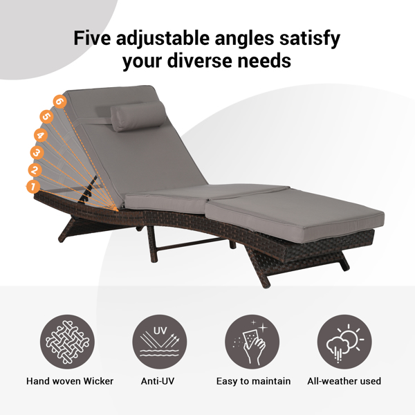 户外柳条长躺椅 2 件套，柳条躺椅草坪日光浴椅躺椅可达 150° 海滩池畔花园-2