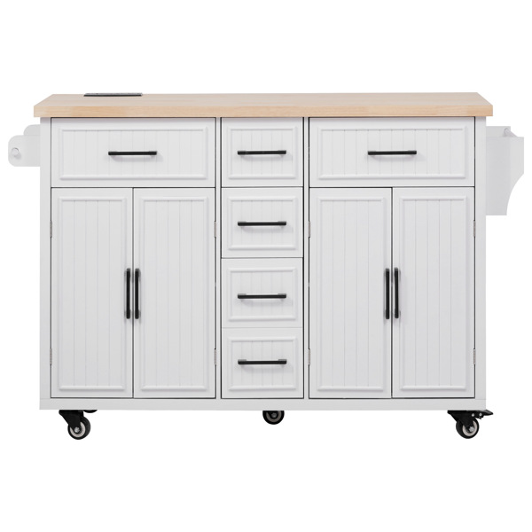 56.5'' Kitchen Island with Drop Leaf, Power Outlet, Embossed Vertical Stripe Rolling Kitchen Cart on Wheels with 4 Doors , 5 Deep Drawers and Adjustable Shelves, for Kitchen, Dining Room, White
