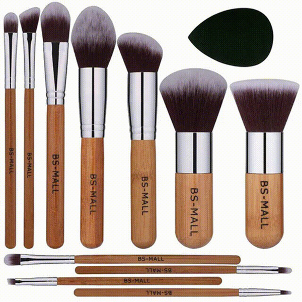 11Pcs Bamboo Makeup Brush Set, Synthetic Kabuki Makeup Brush Set with Storage Bag and Makeup Sponge(USPS shipment)