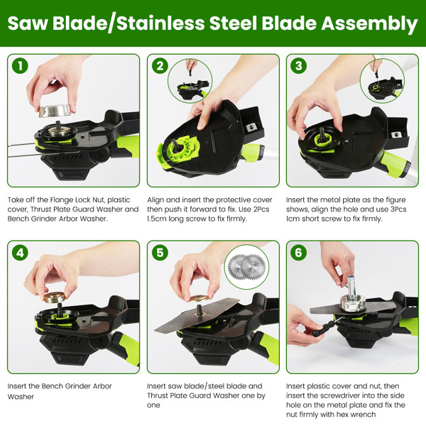 （物流随机发，自提可发加拿大）-21V 电动除草机 充电式线绳修剪器 割草机 除草机 配备 16800RPM 2x 3000mAh 电池 3.6-4.6FT 长度 90° 可旋转角度锯片 钢制锯片 线绳锯片-4