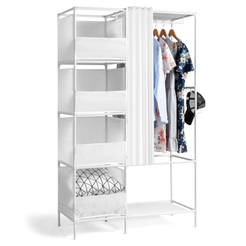 4-Tier Double Row Hanging Wardrobe with Curtains & Storage Compartments – Non-Woven Fabric Closet (105*45*170cm, White)
