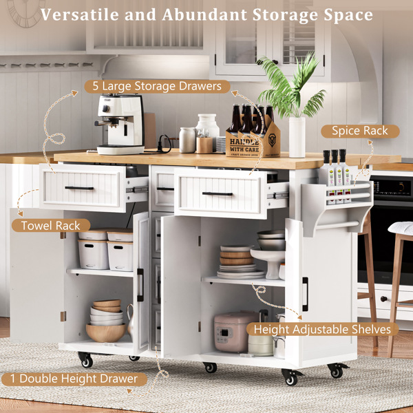 56.5'' Kitchen Island with Drop Leaf, Power Outlet, Embossed Vertical Stripe Rolling Kitchen Cart on Wheels with 4 Doors , 5 Deep Drawers and Adjustable Shelves, for Kitchen, Dining Room, White