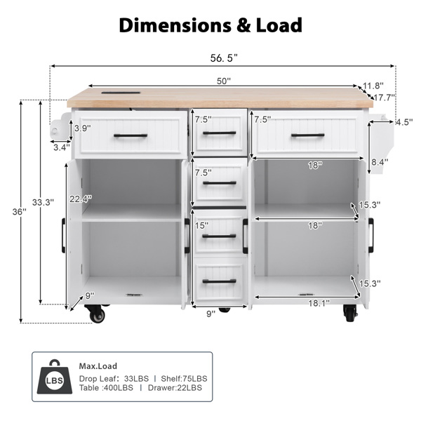 56.5'' Kitchen Island with Drop Leaf, Power Outlet, Embossed Vertical Stripe Rolling Kitchen Cart on Wheels with 4 Doors , 5 Deep Drawers and Adjustable Shelves, for Kitchen, Dining Room, White