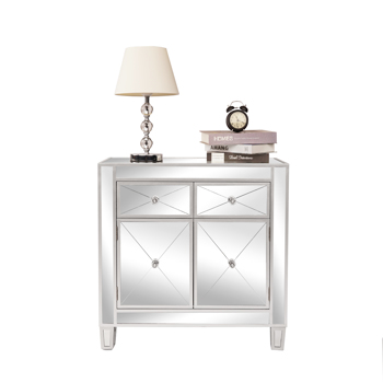 28in MDF With Mirror Surface Two Drawers Two Doors Bedside Table Silver