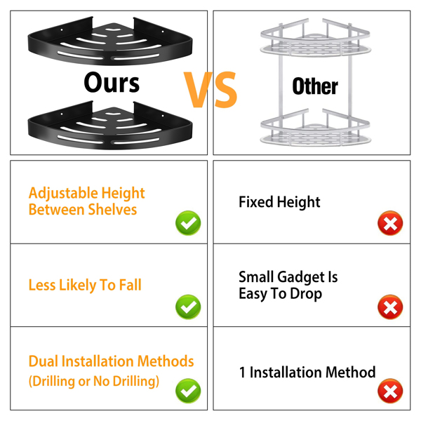 （物流随机发，自提可发加拿大）-浴室转角淋浴置物架，壁挂式，无需钻孔，淋浴收纳篮，浴室厨房铝制储物柜-6