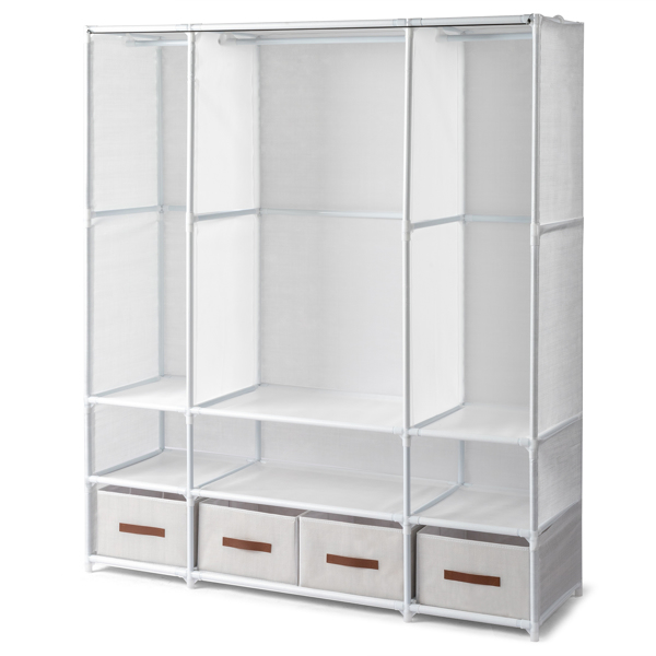 3-Tier Hanging Wardrobe with Storage Boxes & Curtains – Non-Woven Fabric Closet (144*45*166.5cm, White)