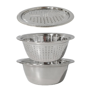 New 3 in 1 Stainless Steel Basin With Grater Vegetable Cutter Julienne Grater with Drain Basket Multifunctional Vegetable Fruits Washing Bowl Set Strainer for Washing Vegetable Kitchen Tool