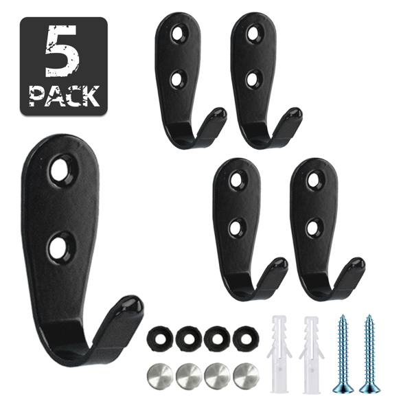 5 stainless steel hardware practical bathroom door panels, walk-in closet, bag and miscellaneous large hooks (black)