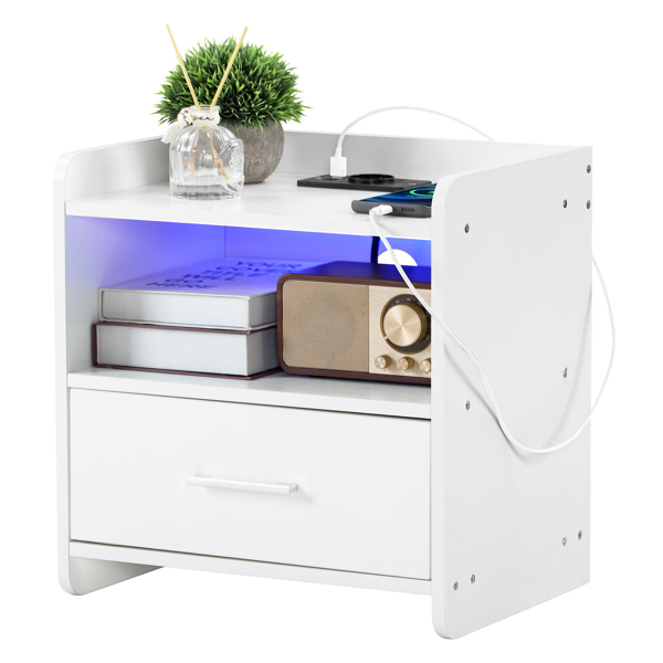 39*29*41cmcm Particleboard Pasted Triamine Single Drawer With Socket With LED Light Bedside Table White
