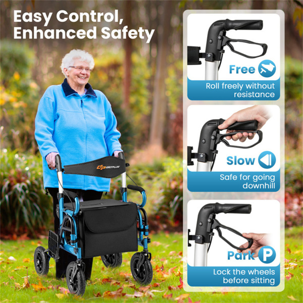 New 2-in-1 Foldable Rollator Walker with 9 Inch Pneumatic Tires 