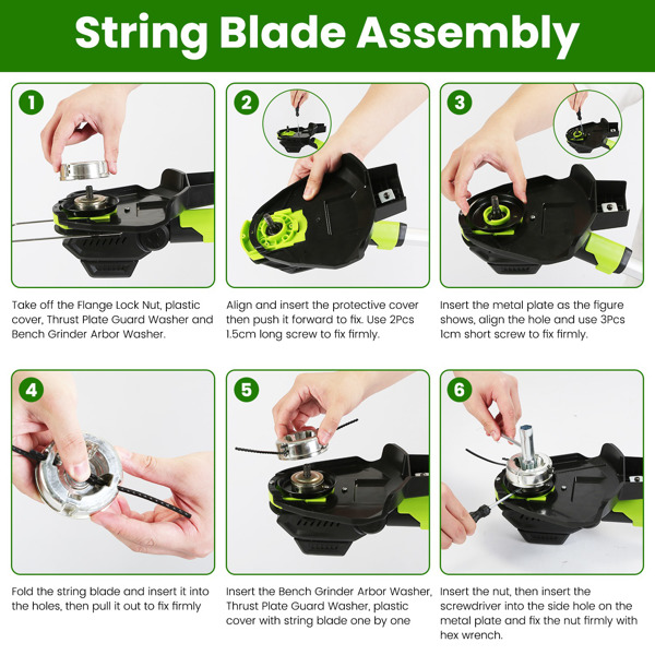 （物流随机发，自提可发加拿大）-21V 电动除草机 充电式线绳修剪器 割草机 除草机 配备 16800RPM 2x 3000mAh 电池 3.6-4.6FT 长度 90° 可旋转角度锯片 钢制锯片 线绳锯片-14