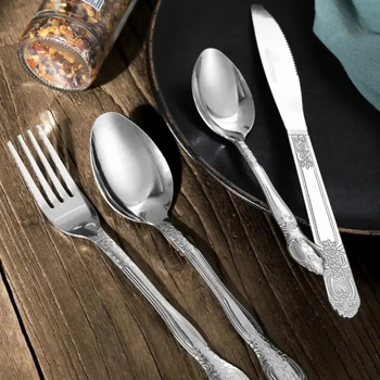 Product Name : Deluxe Premium Cutlery Flatware Set for the Home - Stainless steel cutlery service with 1 dinner fork, 1 dinner knife, 1 dinner spoon and 1 tea spoon -(USPS shipping, pickup supported)
