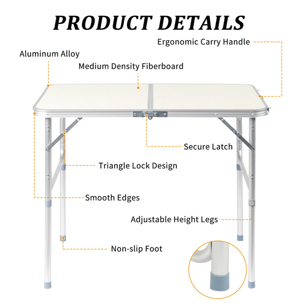 90 x 60 x 70cm Home Use Aluminum Alloy Folding Table White