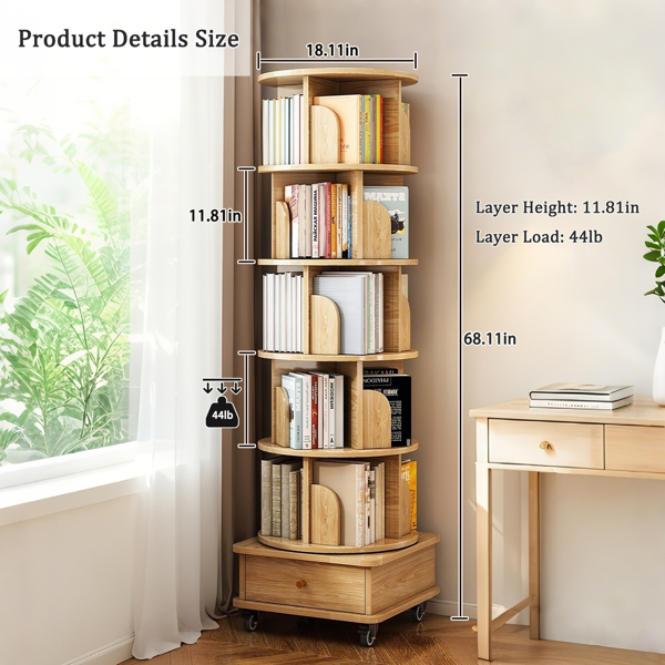 6 Tier Rotating Bookshelf, 360° Display Round Spinning Bookshelf with Wheels and Drawer, Space-Saving, Small Space Rotating Bookshelf Tower for Bedroom, Living Room, Home, Office, Wood Color