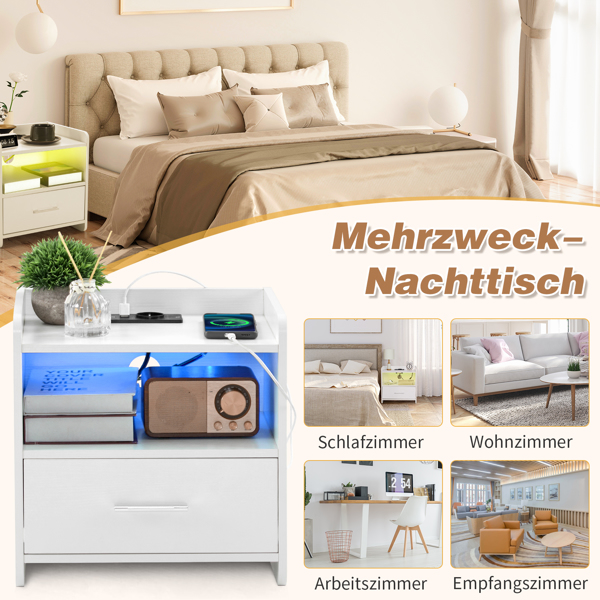 39*29*41cmcm Particleboard Pasted Triamine Single Drawer With Socket With LED Light Bedside Table White
