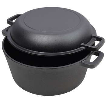 2 in 1 Pre-Seasoned Cast Iron Dutch Oven With Dual Handles, Outdoor Camping Deep Pot for Camping Fireplace Cooking BBQ Baking Campfire, 5 Quart.With 2pcs Silicone Handel Covers.