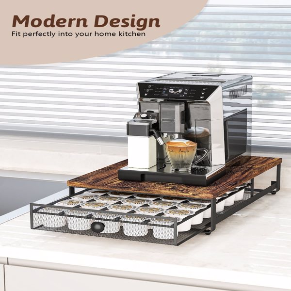 K Cup Organizer, Coffee Pod Holder Rack, Under Cabinet Pod Holder with Sliding Drawer holds up to 35 K-Cup Pods, No Assembly Needed, Rustic Brown