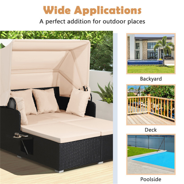 Beige  Rattan Daybed Lounge W/ Retractable Top Canopy Side Tables Cushions 