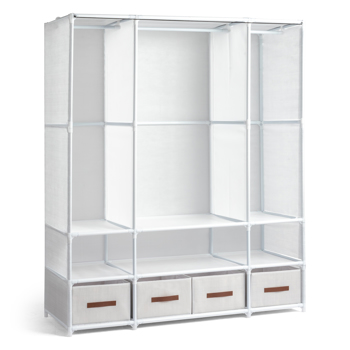 3-Tier Hanging Wardrobe with Storage Boxes & Curtains – Non-Woven Fabric Closet (144*45*166.5cm, White)