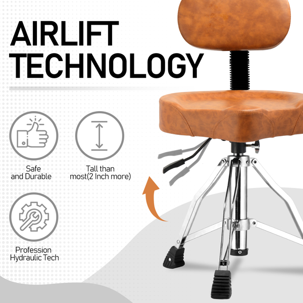 Drum Throne with Backrest, Hydraulic Drum Stool Adjustable Height, Heavy Duty Hydraulic Drum Seat Saddle Design for Drummers Brown