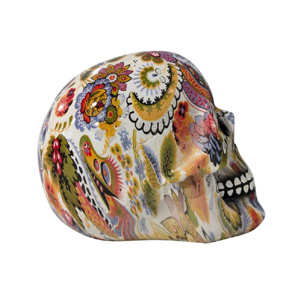 恐怖人头骨骷髅摆件创意头颅彩色花绘桌面摆件万圣节礼品 花纹水转印树脂摆件-3