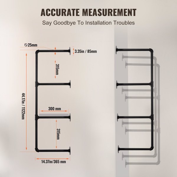 【Excluding storage board】4-Tier Industrial Pipe Shelf, 3PCS Set, 11.8in Width, Wall-Mount Storage Solution for Home or Office, Planks Not Included