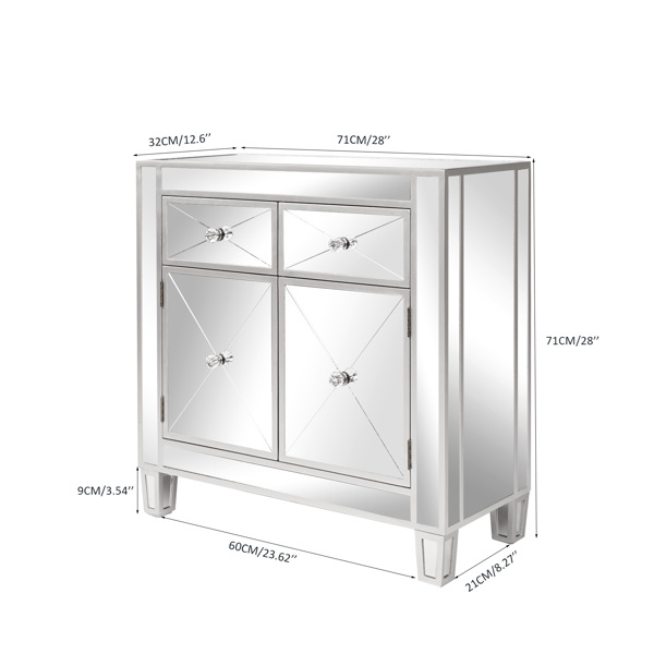 28in MDF With Mirror Surface Two Drawers Two Doors Bedside Table Silver