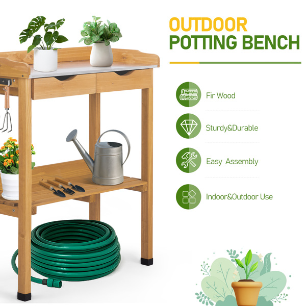 76*37*92.5CM 橘黄色 杉木 2层置物架带2个抽屉 3个侧挂钩 园艺操作台-20