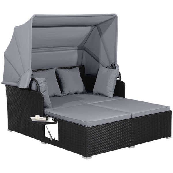 Gray  Rattan Daybed Lounge W/ Retractable Top Canopy Side Tables Cushions 