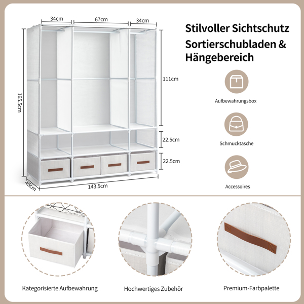 3-Tier Hanging Wardrobe with Storage Boxes & Curtains – Non-Woven Fabric Closet (144*45*166.5cm, White)