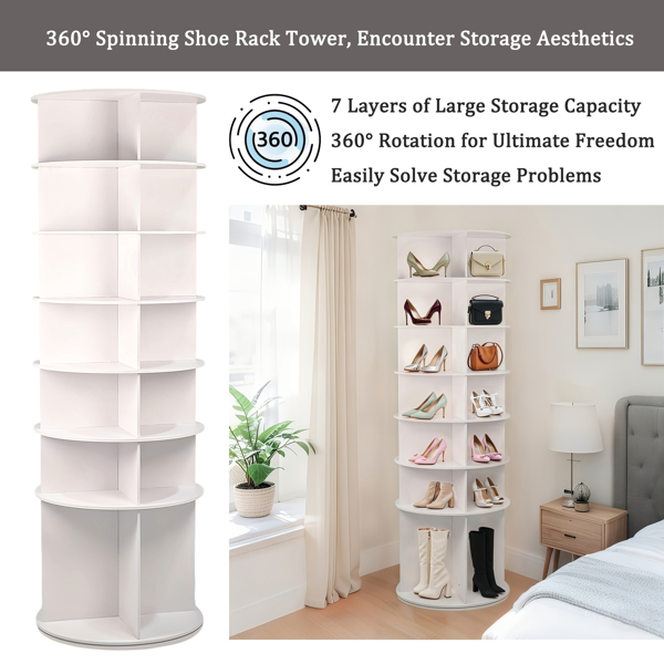 7 Tier Rotating Shoe Rack, High Bottom Design Rotating Shoe Rack Tower, Free Standing 360° Spinning Shoe Organizer, Round Display Spinning Shoe Rack Tower, Fits 28 Pairs of Shoes (White)