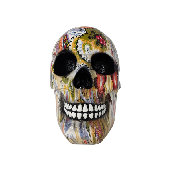 恐怖人头骨骷髅摆件创意头颅彩色花绘桌面摆件万圣节礼品 花纹水转印树脂摆件-1