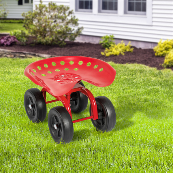 360° Garden Rolling Workseat with Swivel Seat and Adjustable Height-Red 