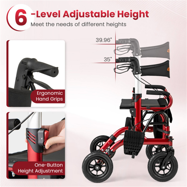 New 2-in-1 Foldable Rollator Walker with 9 Inch Pneumatic Tires 