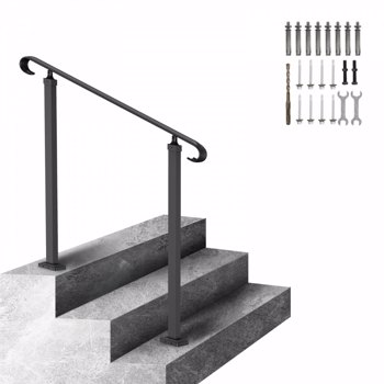 Adjustable Outdoor Step Handrail, Fits 1-3 Steps, Black Transitional Design for Concrete or Wooden Stairs, Front Porch Safety Railing