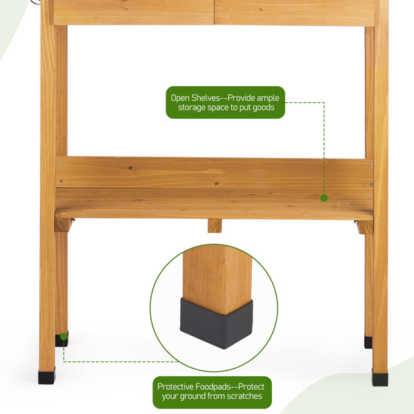 76*37*92.5CM 橘黄色 杉木 2层置物架带2个抽屉 3个侧挂钩 园艺操作台-19