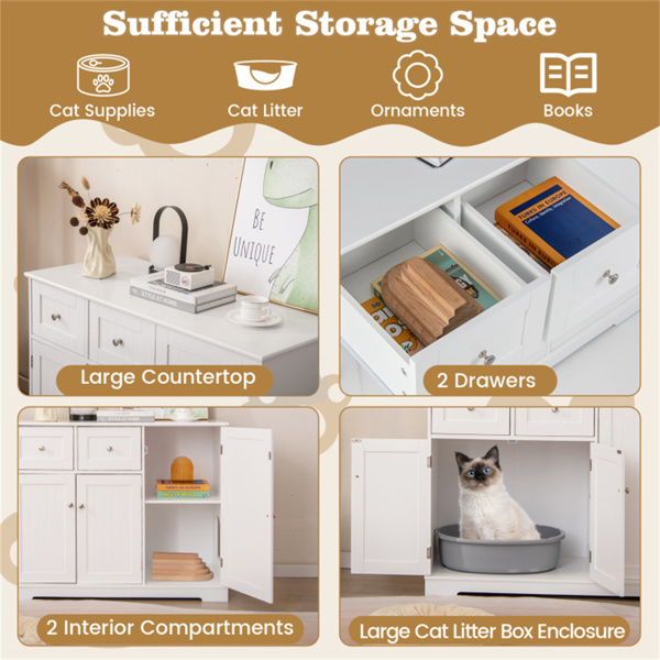Cat Litter Box Enclosure With 2 Drawers 3 Doors Anti-Toppling Devices Storage  ﻿