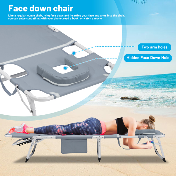 3-in-1 Heavy Duty Tanning Chair with Face Hole Adjustable 5-Position Folding Chaise Lounge Chairs for Outside Portable Lay Flat Beach Lounge Chair for Outdoor Sunbathing Patio Pool Lawn Camping Deck