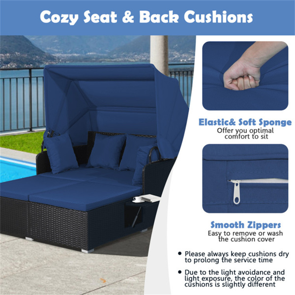 Navy  Rattan Daybed Lounge W/ Retractable Top Canopy Side Tables Cushions 