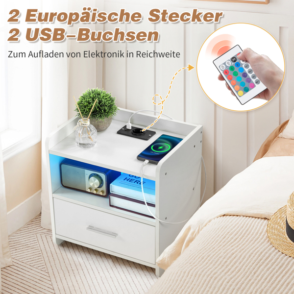 39*29*41cmcm Particleboard Pasted Triamine Single Drawer With Socket With LED Light Bedside Table White
