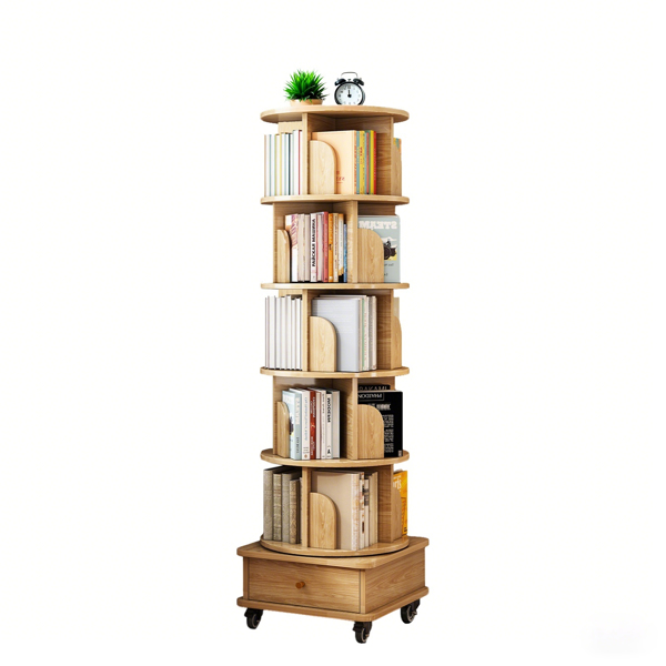 6 Tier Rotating Bookshelf, 360° Display Round Spinning Bookshelf with Wheels and Drawer, Space-Saving, Small Space Rotating Bookshelf Tower for Bedroom, Living Room, Home, Office, Wood Color