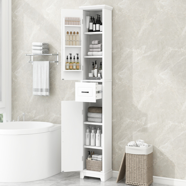 高浴室储物柜，独立式储物柜，带两个门和可调节搁板，门搁板设计，MDF 板，涂漆饰面，白色-16