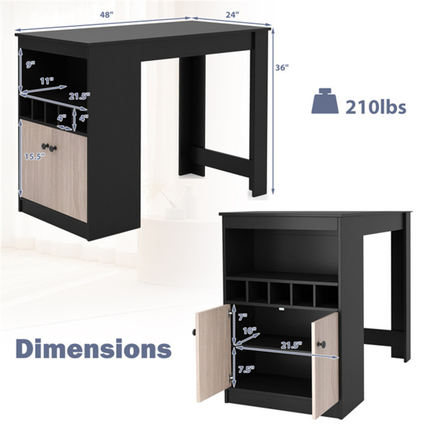 48 inch black kitchen bar table with storage cabinet and wine rack