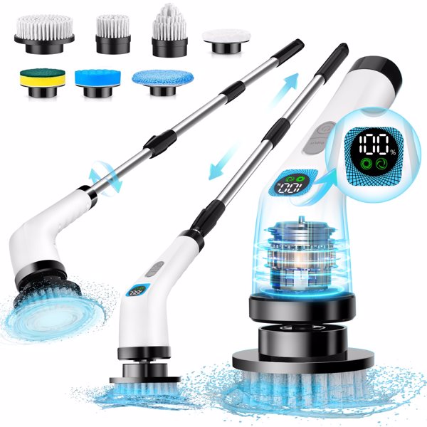 Electric Spin Scrubber for Cleaning - Bathroom Floor Shower Scrubber with Long Handle Cordless Handheld Power Spin Brush, IPX7 7in1 400RPM LED-Screen Fast Charging (Ship by WFS Multichannel)