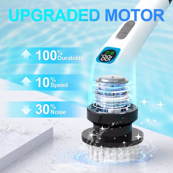 Electric Spin Scrubber for Cleaning - Bathroom Floor Shower Scrubber with Long Handle Cordless Handheld Power Spin Brush, IPX7 7in1 400RPM LED-Screen Fast Charging (Ship by WFS Multichannel)