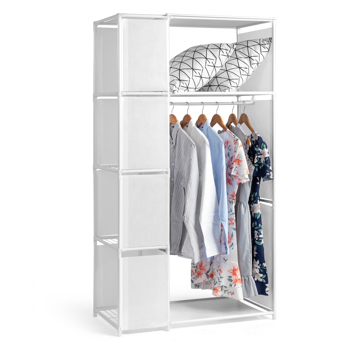 4-Tier Double Row Hanging Wardrobe with Curtains & Storage Compartments – Non-Woven Fabric Closet (88.5*44.5*162.5cm, White)